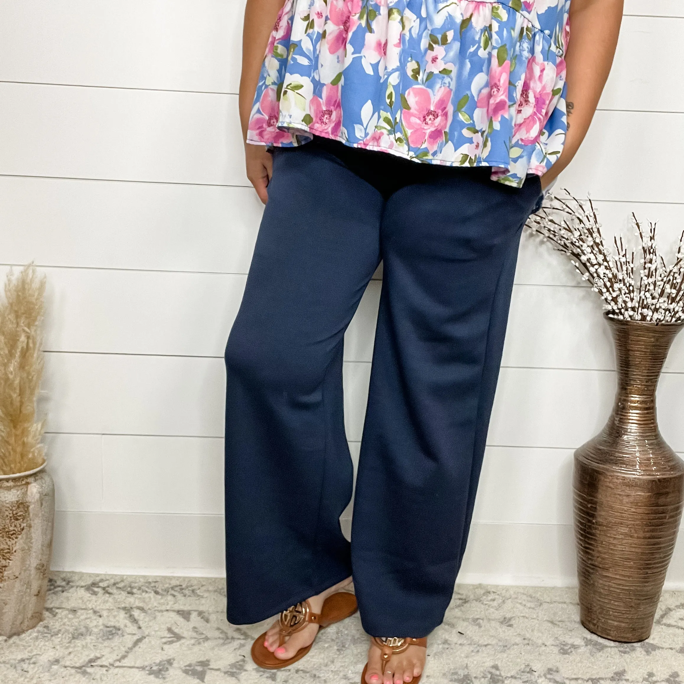 "In Flight" Wide Leg Open Bottom Casual Pants with Pockets (Navy)