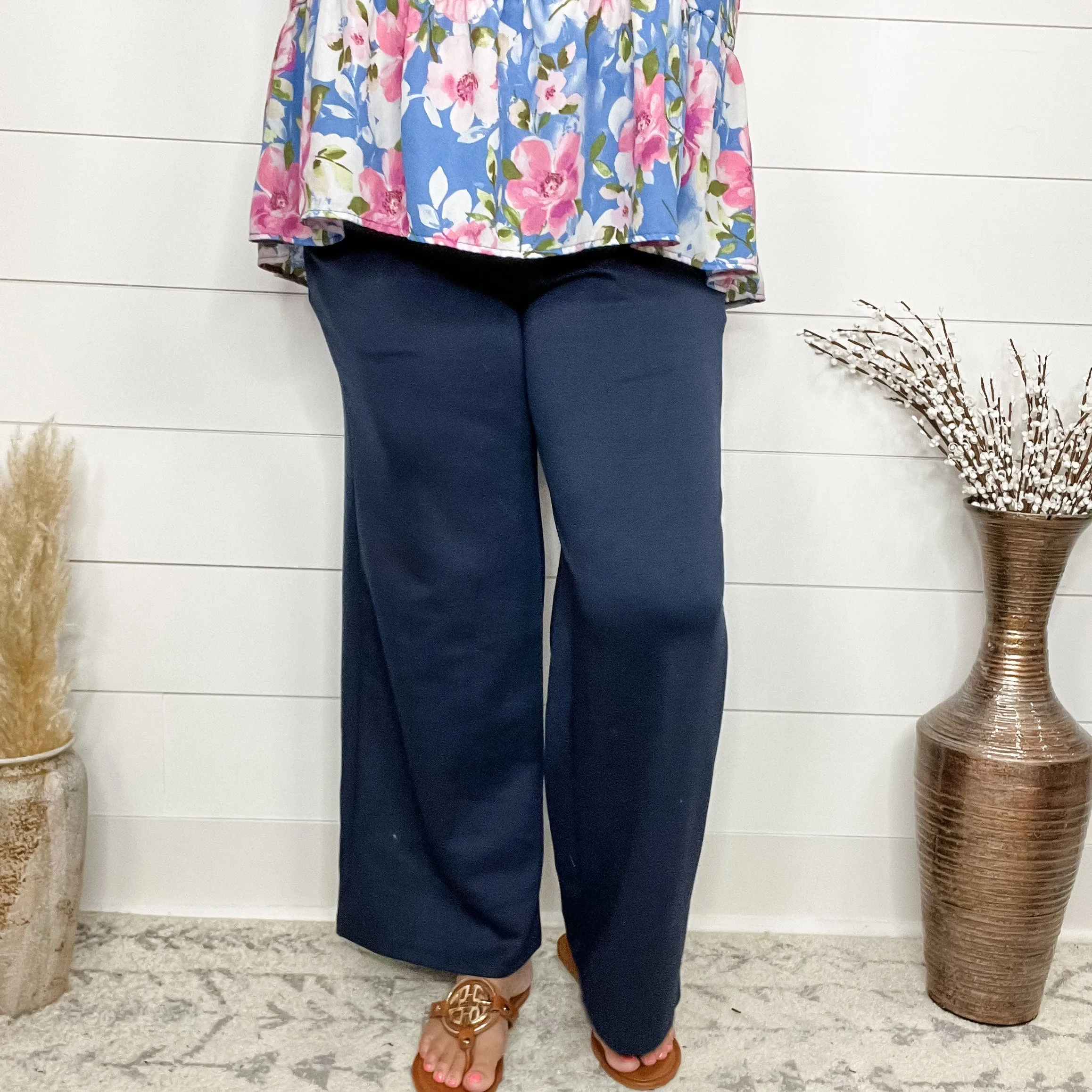 "In Flight" Wide Leg Open Bottom Casual Pants with Pockets (Navy)