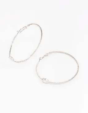 Rhodium Textural Oval Cubic Zirconia Hoop Earrings