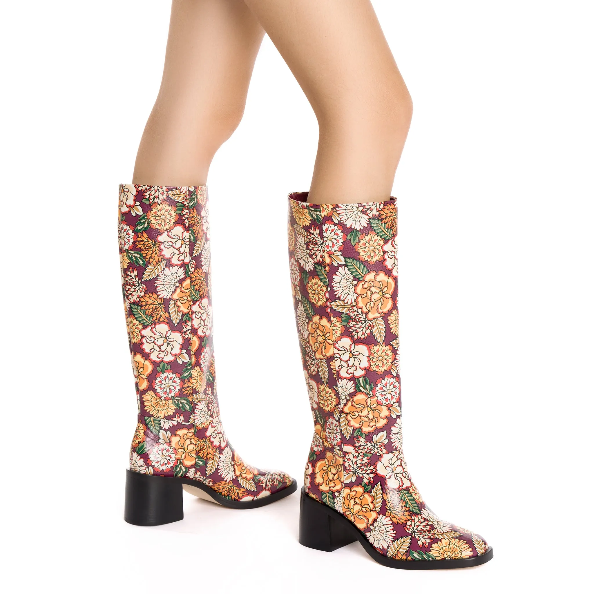 Ricky Boot In Wine Ikebana Print Saffiano Patent Leather