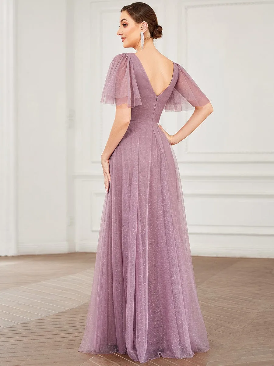 Romantic V Neck Tulle Evening Dress with Ruffle Sleeves