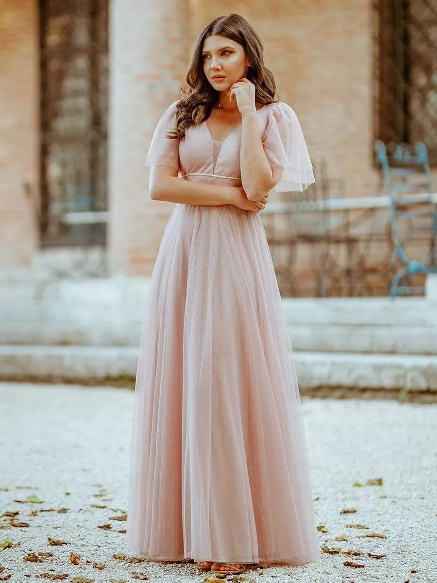 Romantic V Neck Tulle Evening Dress with Ruffle Sleeves