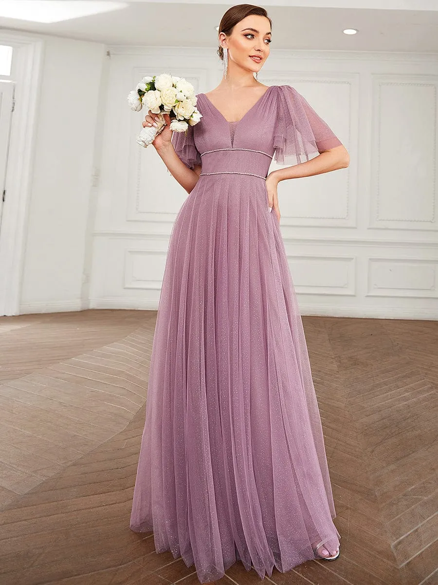 Romantic V Neck Tulle Evening Dress with Ruffle Sleeves