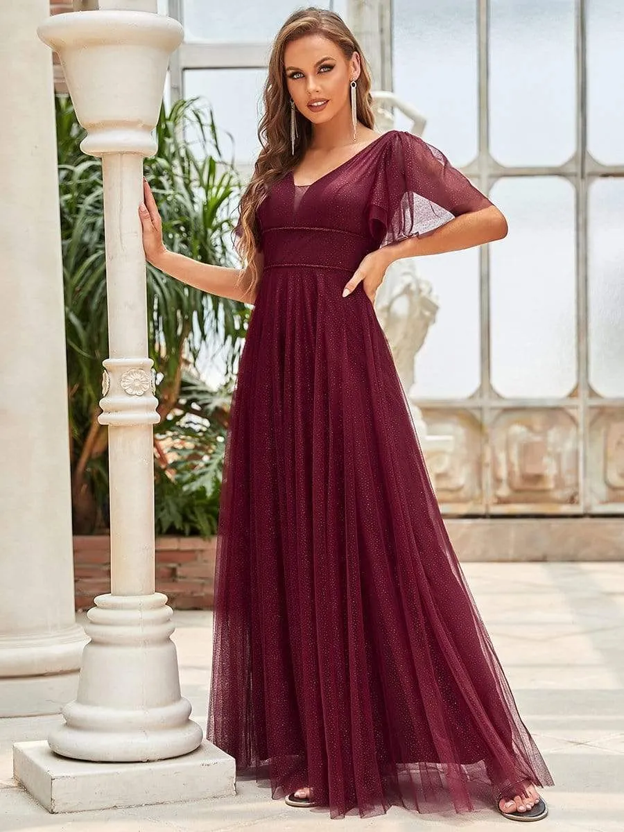 Romantic V Neck Tulle Evening Dress with Ruffle Sleeves