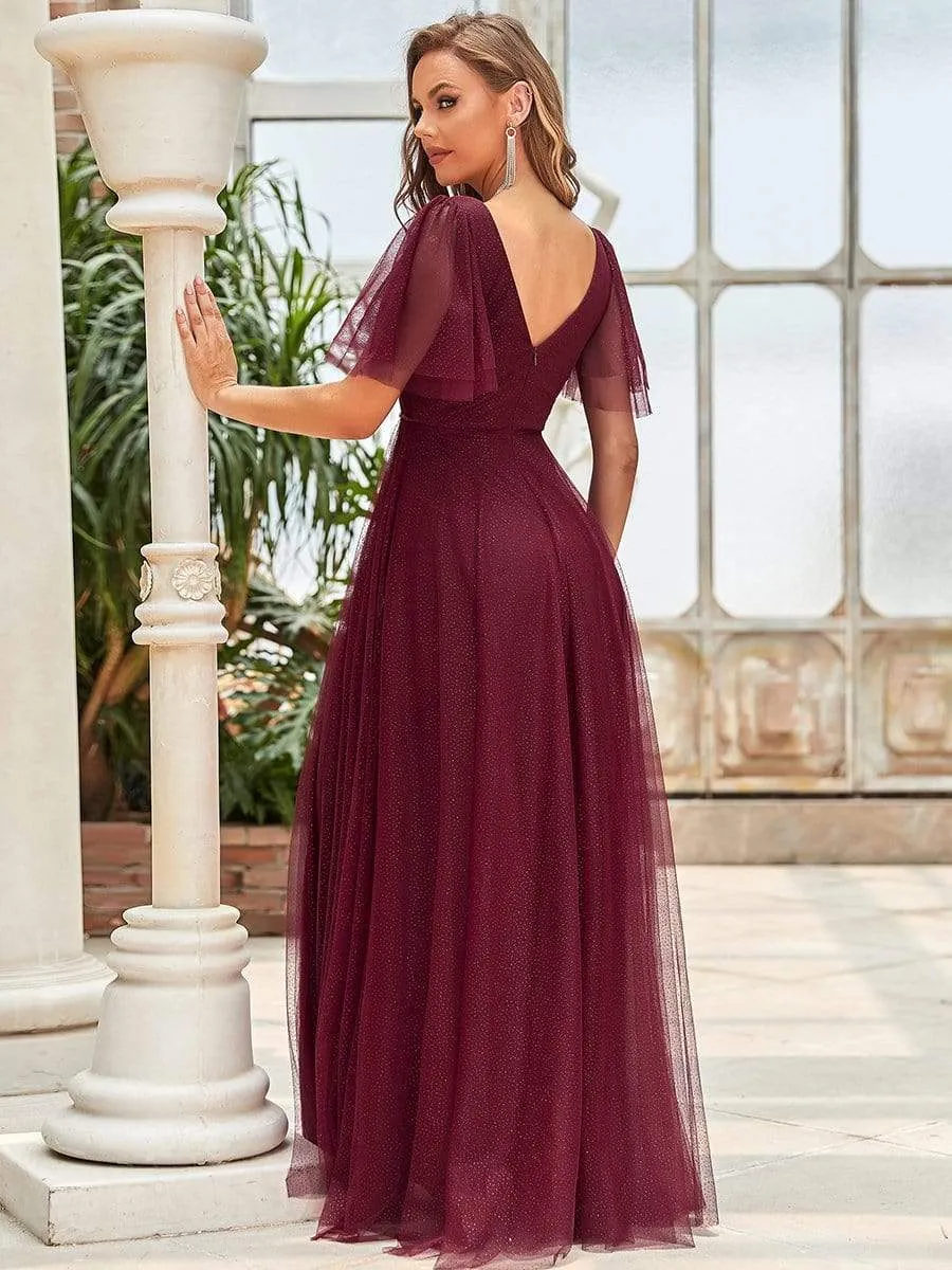 Romantic V Neck Tulle Evening Dress with Ruffle Sleeves