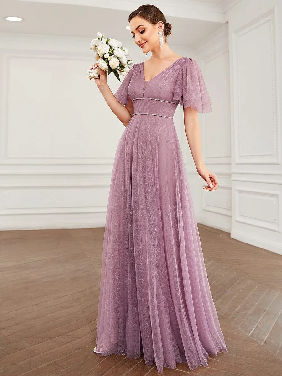 Romantic V Neck Tulle Evening Dress with Ruffle Sleeves