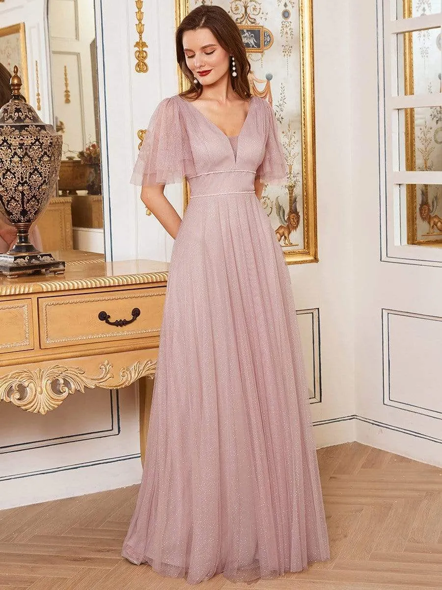 Romantic V Neck Tulle Evening Dress with Ruffle Sleeves