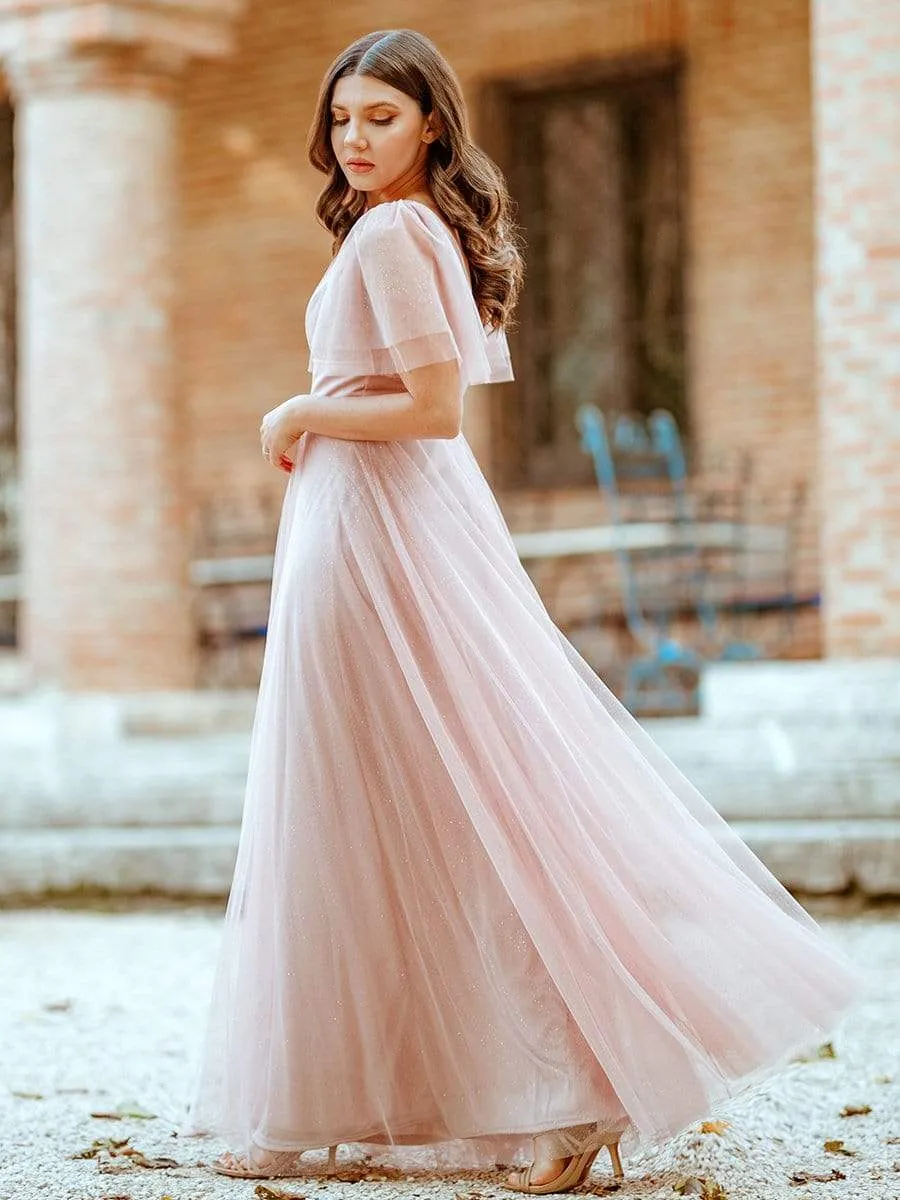 Romantic V Neck Tulle Evening Dress with Ruffle Sleeves