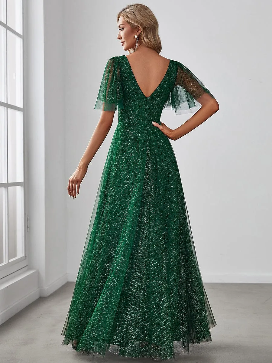 Romantic V Neck Tulle Evening Dress with Ruffle Sleeves