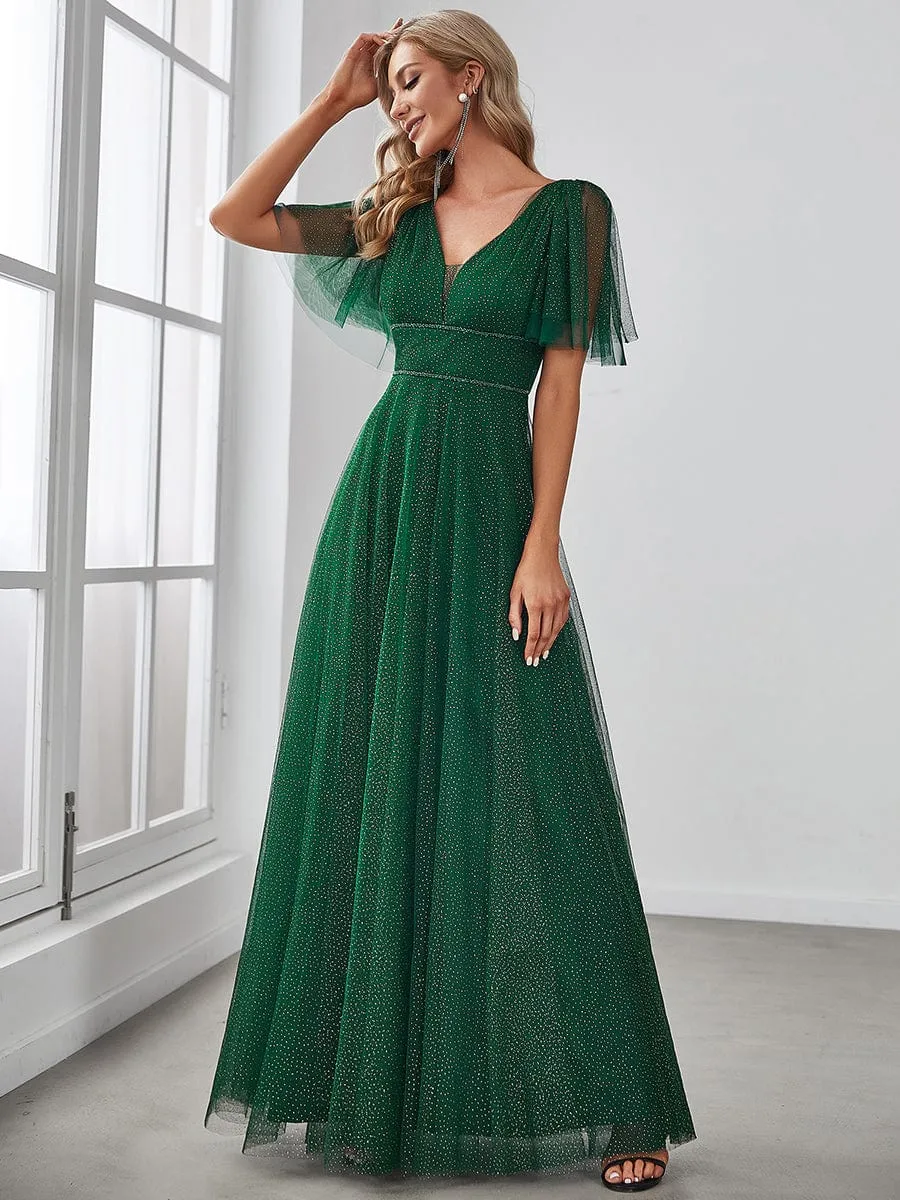 Romantic V Neck Tulle Evening Dress with Ruffle Sleeves