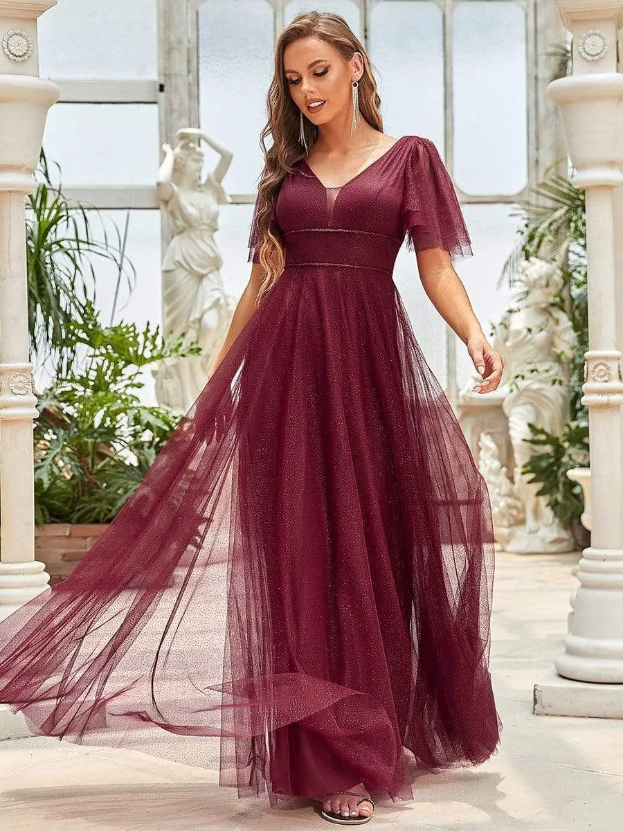 Romantic V Neck Tulle Evening Dress with Ruffle Sleeves