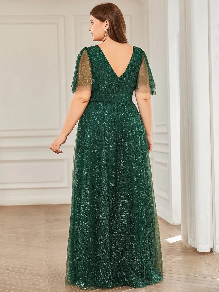 Romantic V Neck Tulle Evening Dress with Ruffle Sleeves