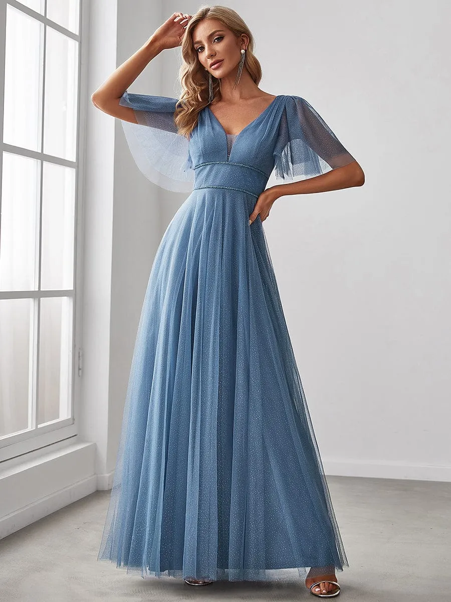 Romantic V Neck Tulle Evening Dress with Ruffle Sleeves