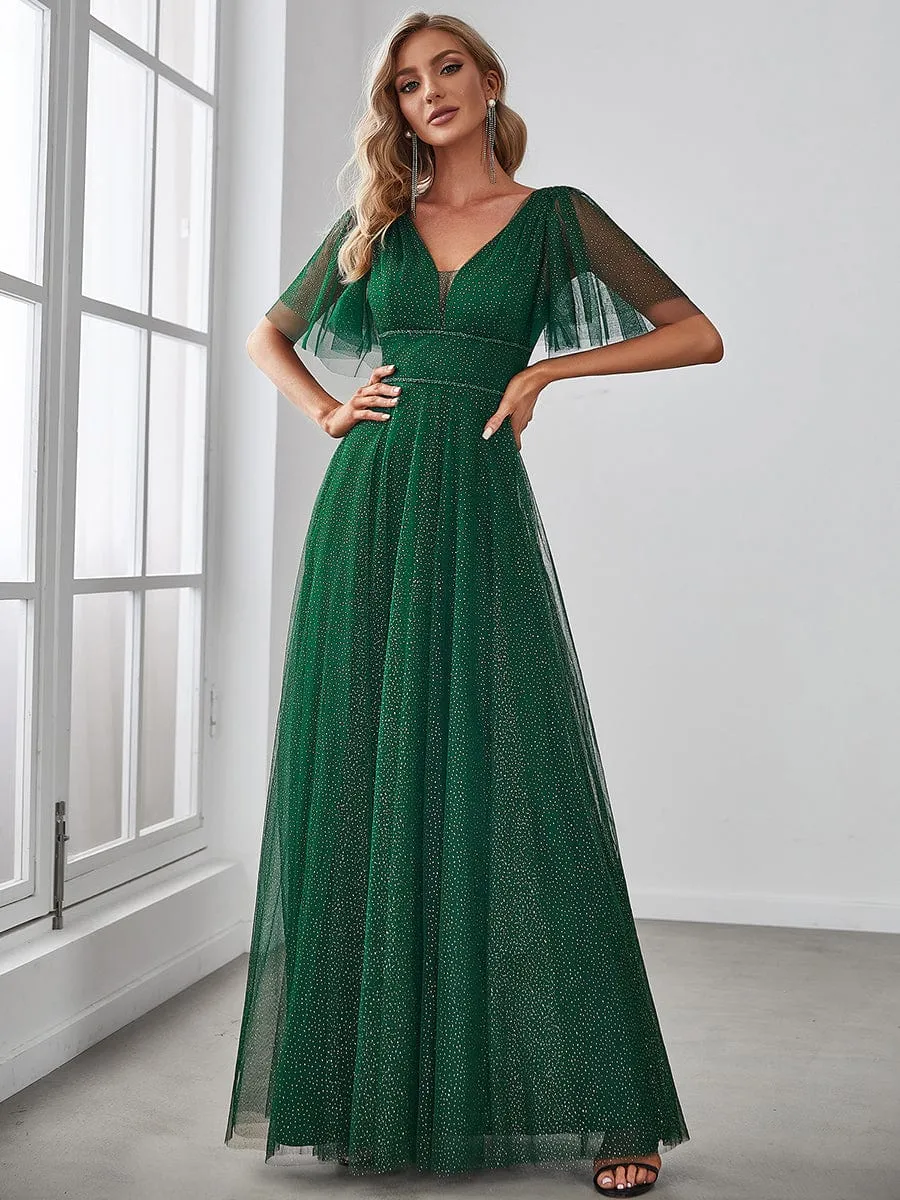 Romantic V Neck Tulle Evening Dress with Ruffle Sleeves