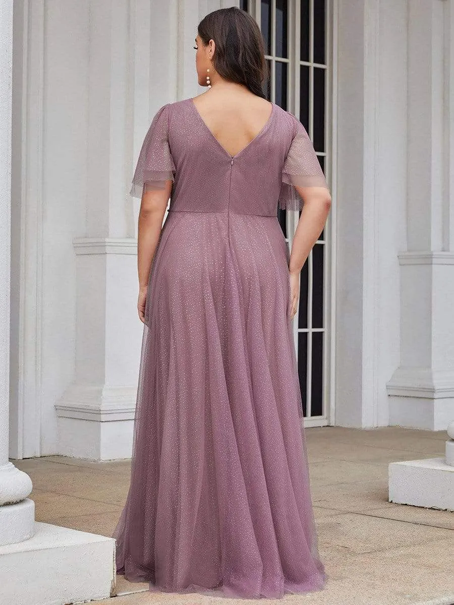 Romantic V Neck Tulle Evening Dress with Ruffle Sleeves