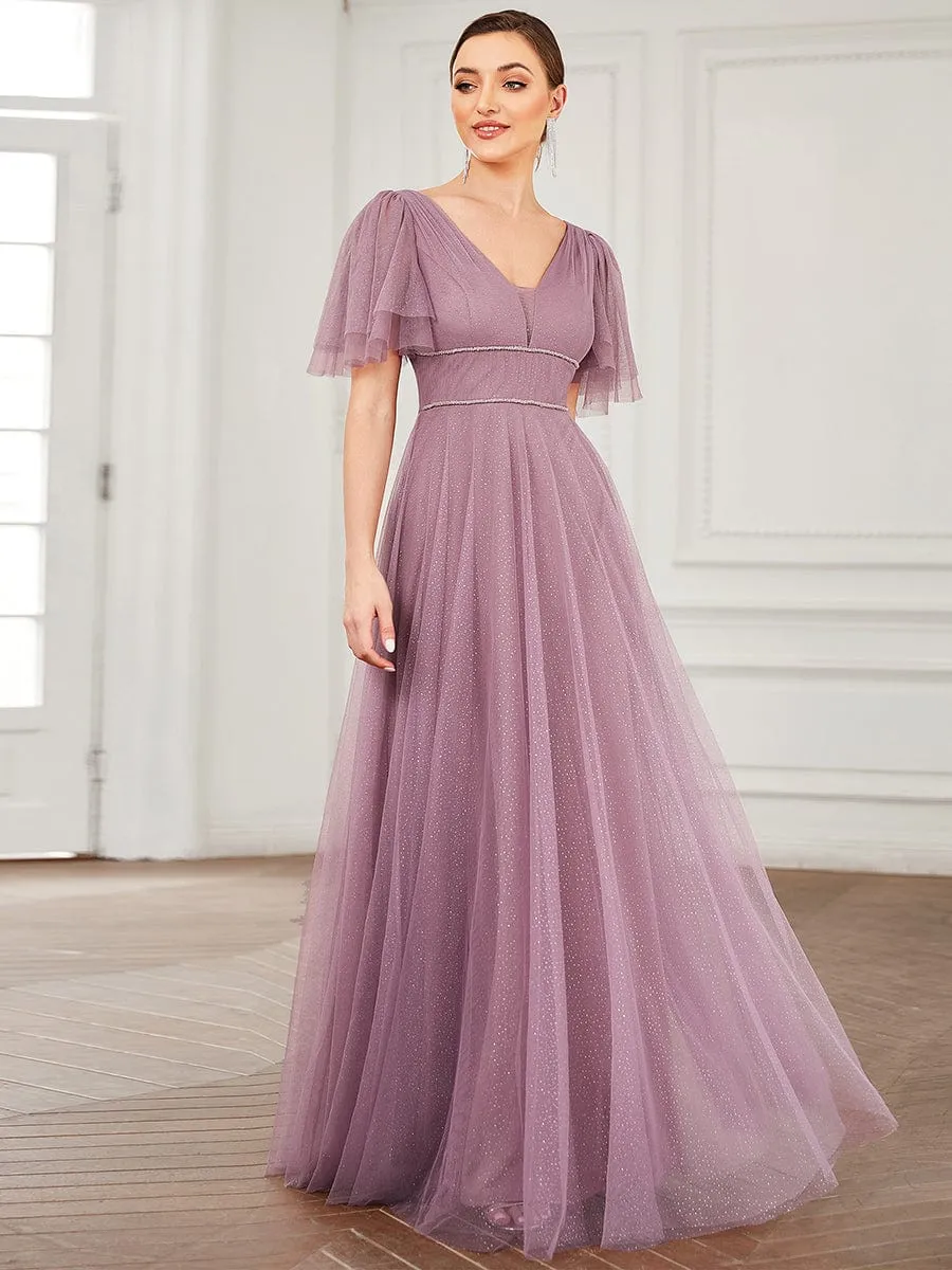 Romantic V Neck Tulle Evening Dress with Ruffle Sleeves