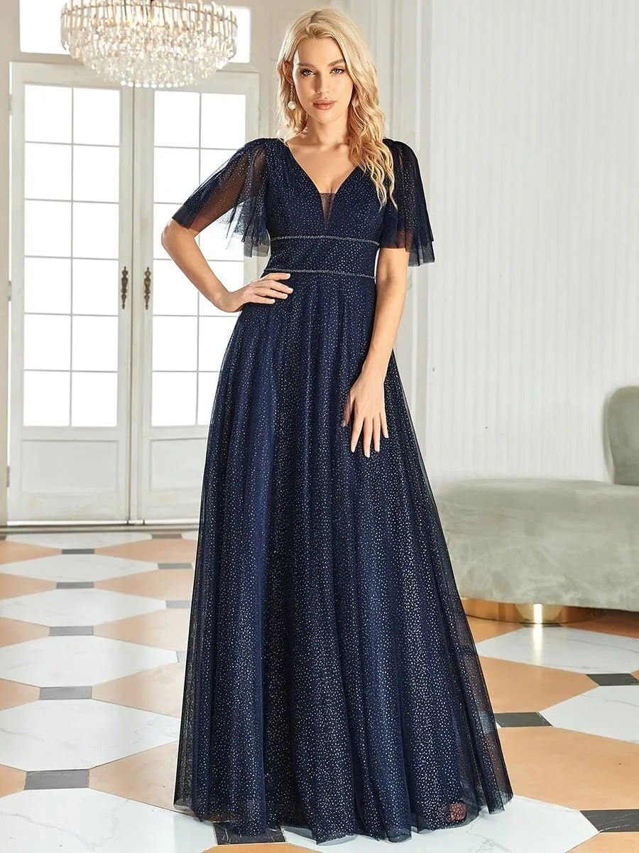 Romantic V Neck Tulle Evening Dress with Ruffle Sleeves