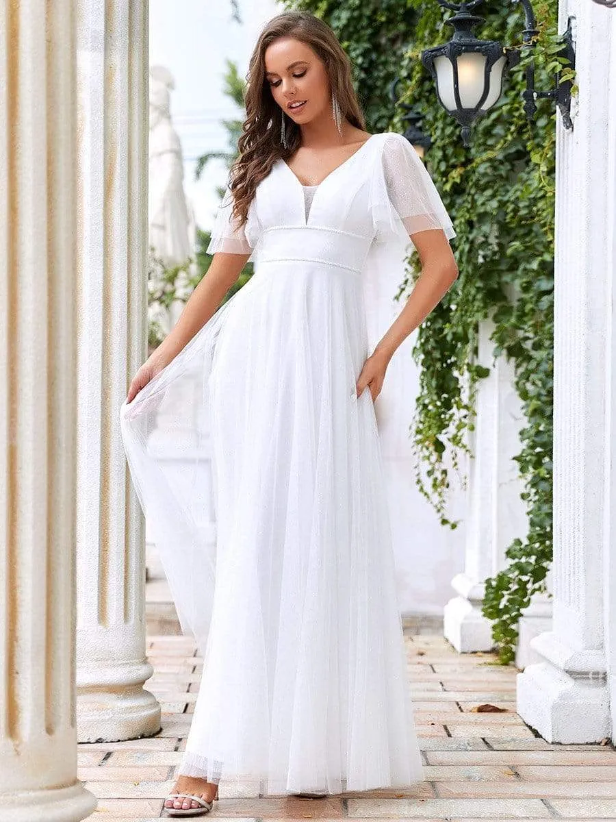 Romantic V Neck Tulle Evening Dress with Ruffle Sleeves