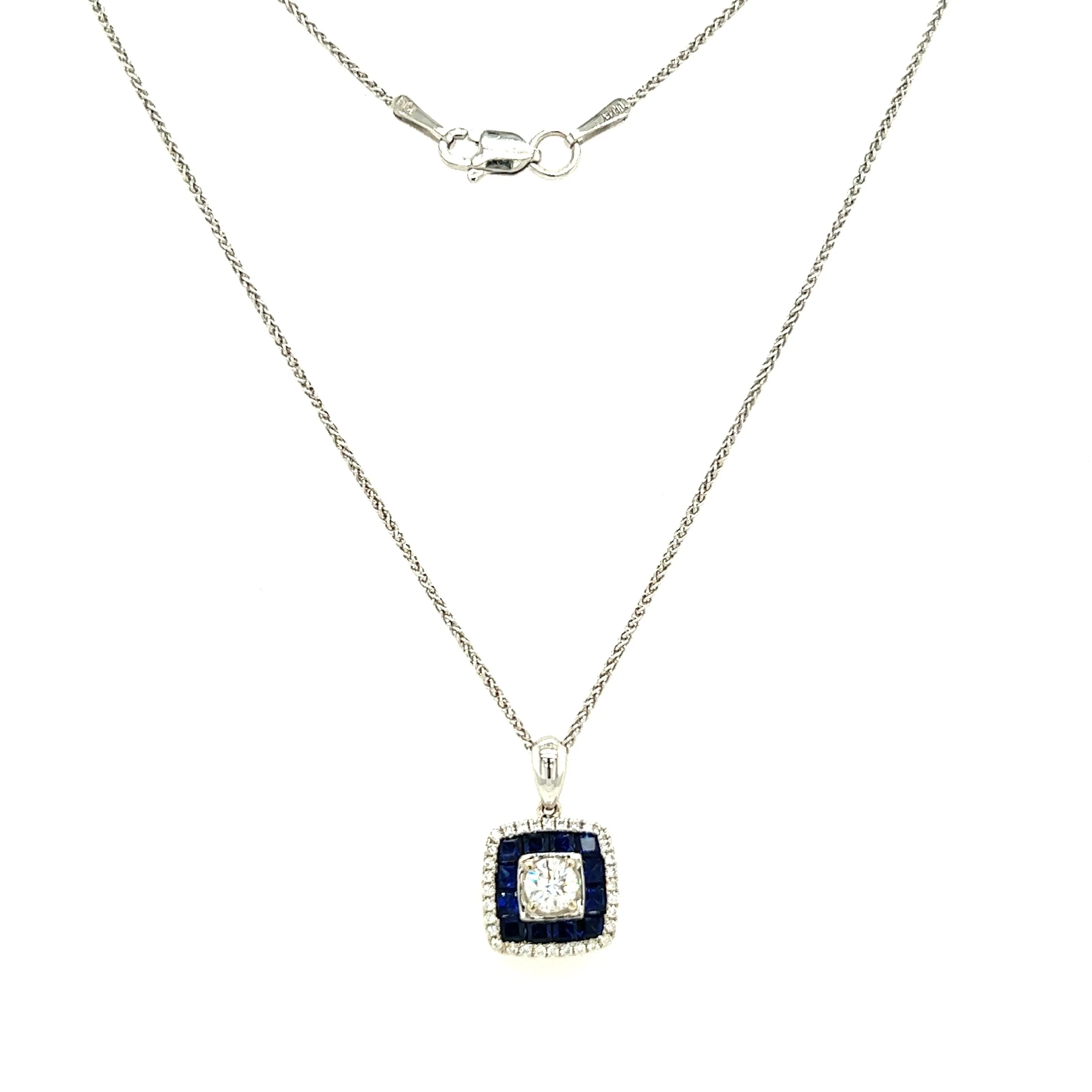 Round Diamond Necklace with Thirty-Two Accent Diamonds and Twelve Ceylon Sapphires in 14K and 10K White Gold