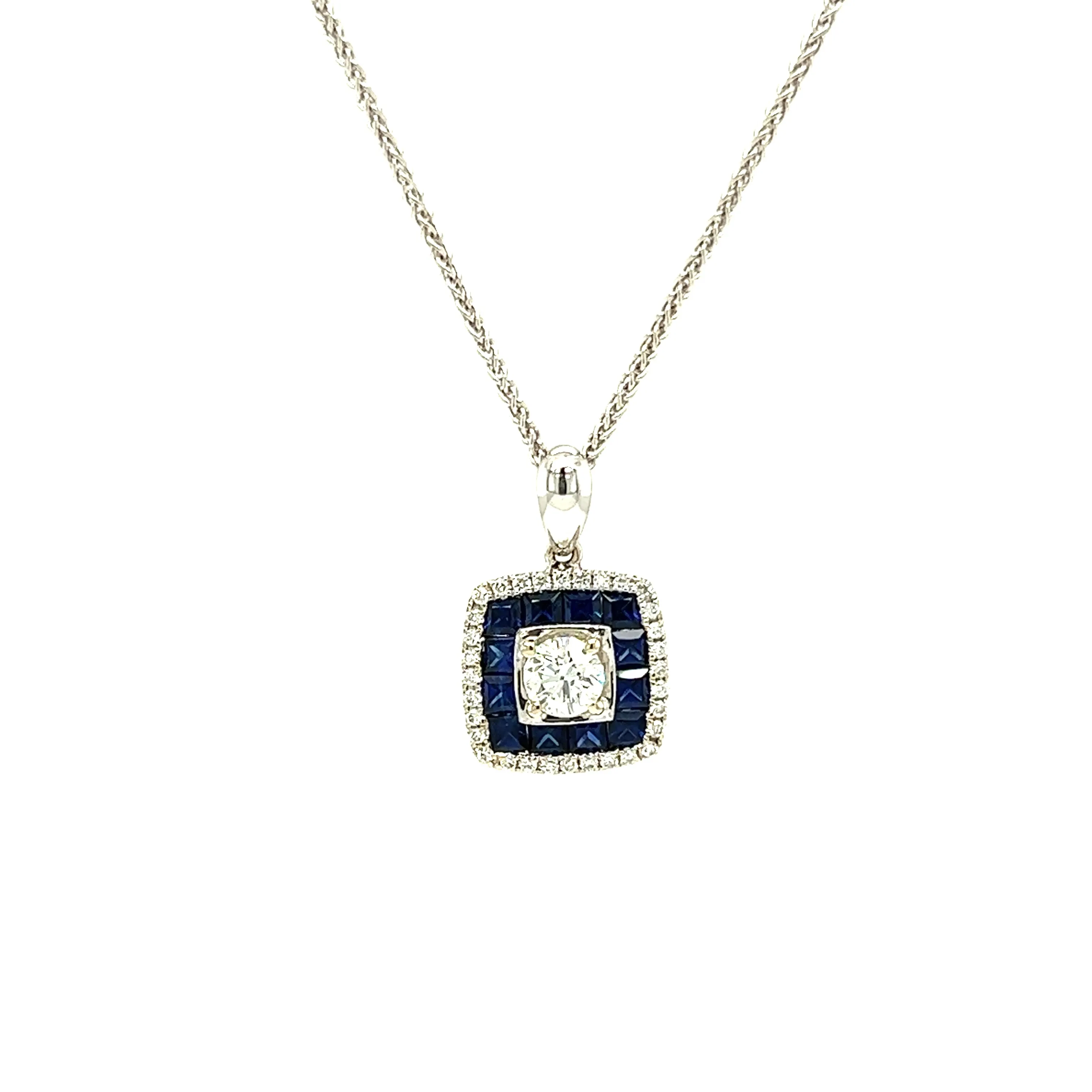 Round Diamond Necklace with Thirty-Two Accent Diamonds and Twelve Ceylon Sapphires in 14K and 10K White Gold