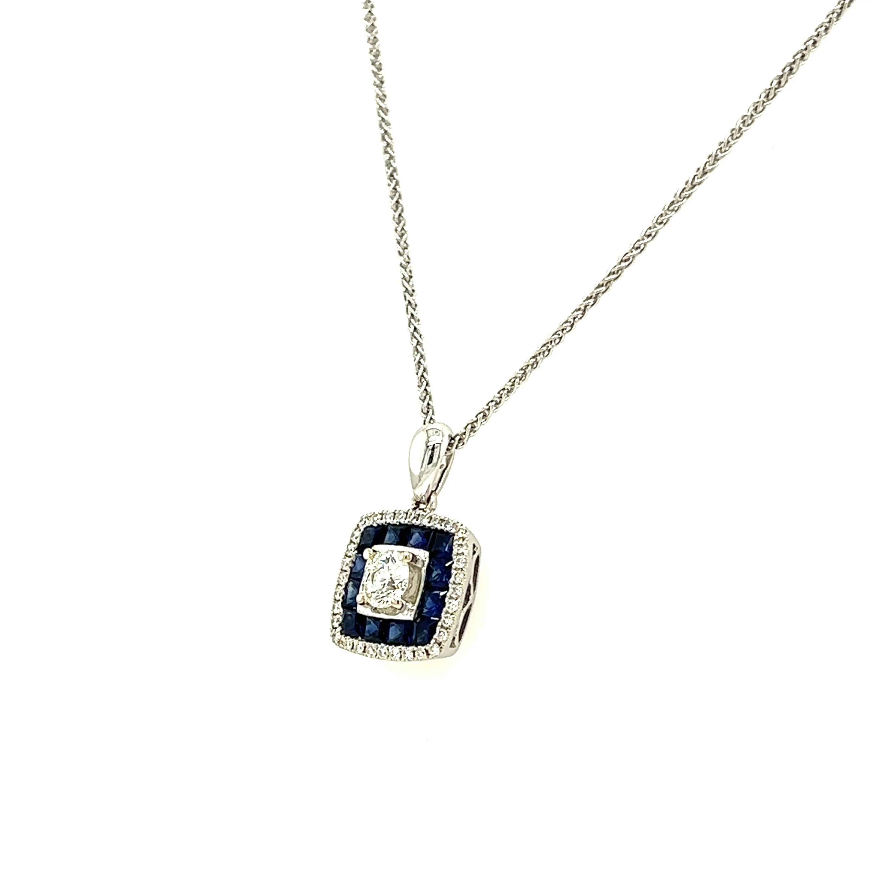 Round Diamond Necklace with Thirty-Two Accent Diamonds and Twelve Ceylon Sapphires in 14K and 10K White Gold