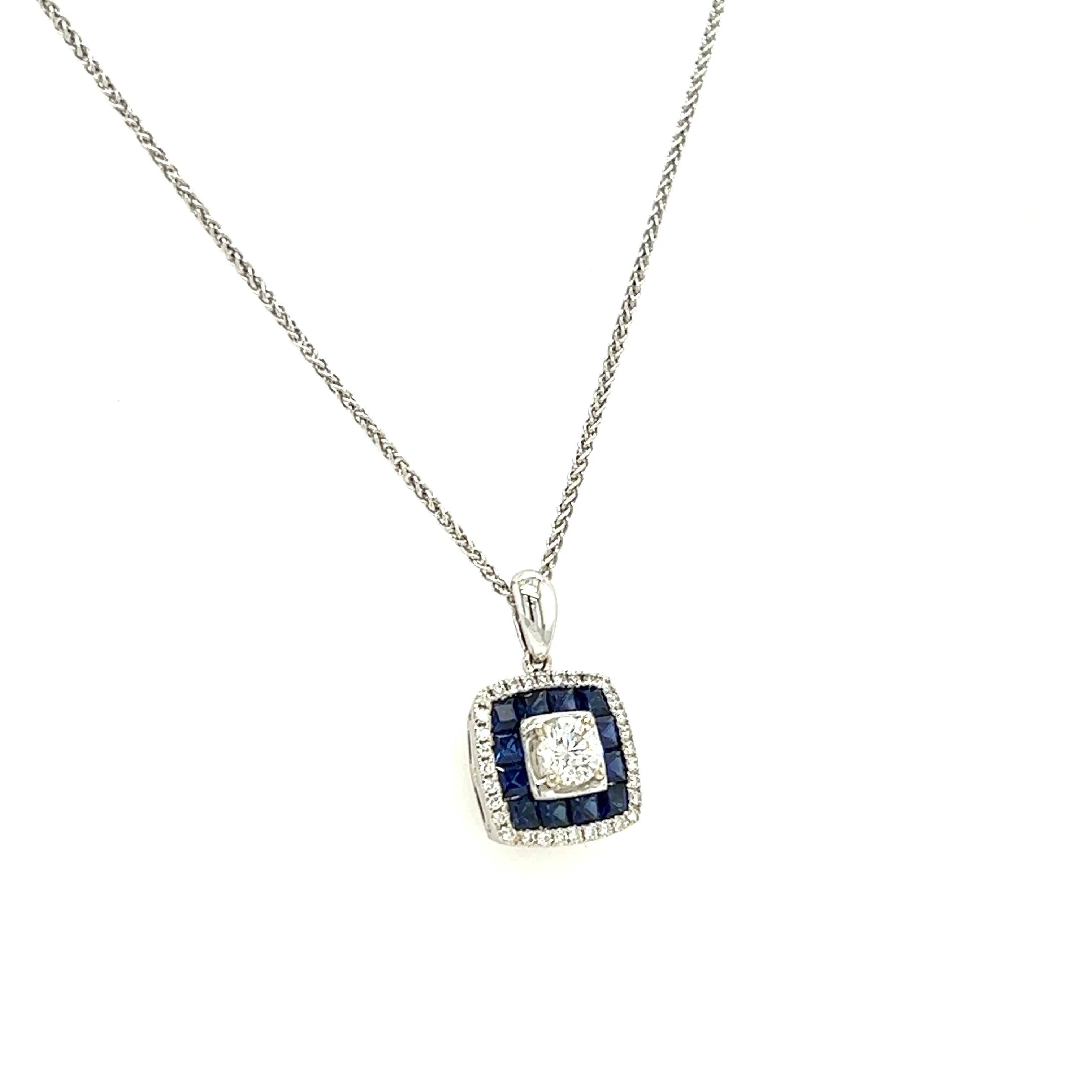 Round Diamond Necklace with Thirty-Two Accent Diamonds and Twelve Ceylon Sapphires in 14K and 10K White Gold