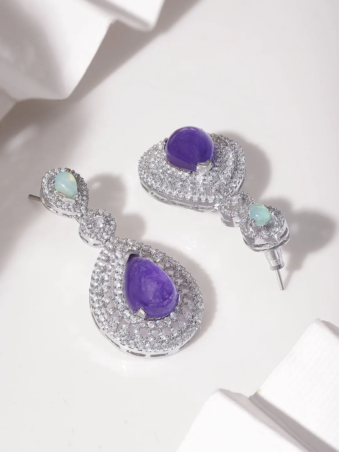 Rubans Rhodium plated Pear drop Purple Crystal Zirconia Demi - Fine Drop Earrings