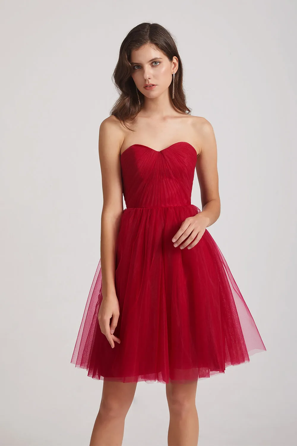 Short Tulle Pleated Strapless Sweetheart Bridesmaid Dresses (AF0041)