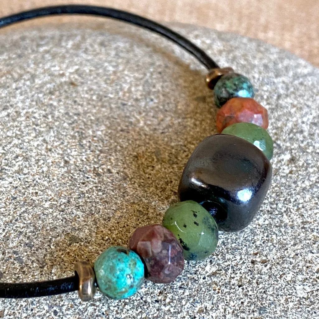 Shungite Bracelet with Green Jade, Red Creek Jasper, & African Turquoise