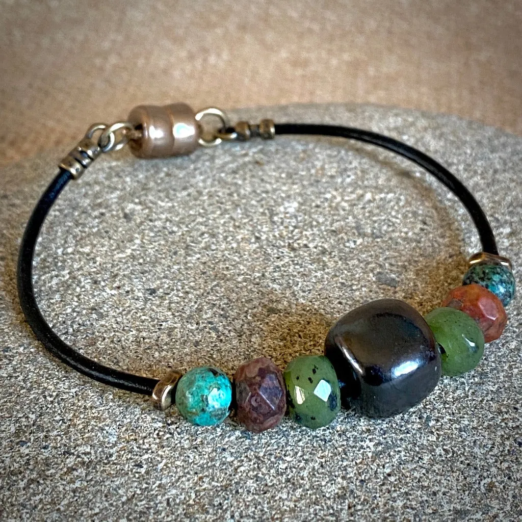 Shungite Bracelet with Green Jade, Red Creek Jasper, & African Turquoise