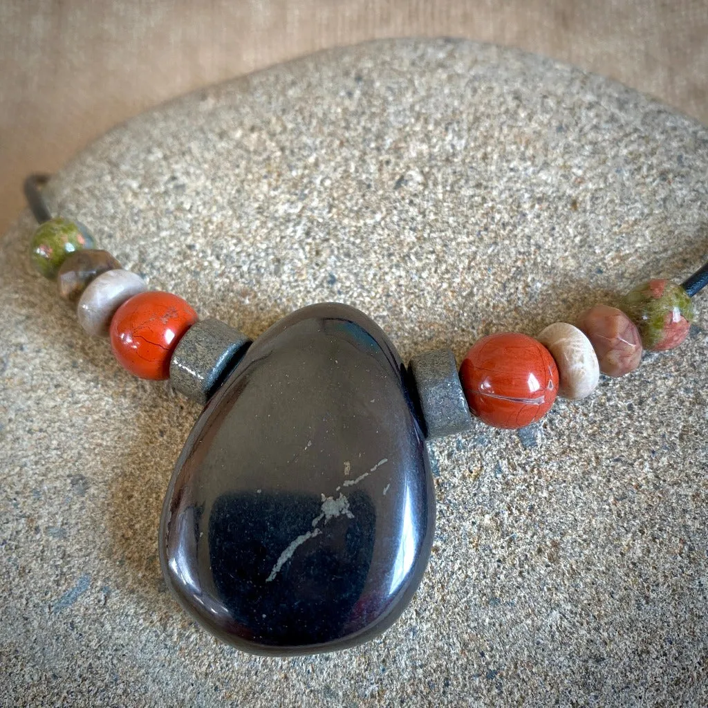 Shungite Medallion Necklace w/Pyrite, Jasper, Fossilized Coral & Unakite