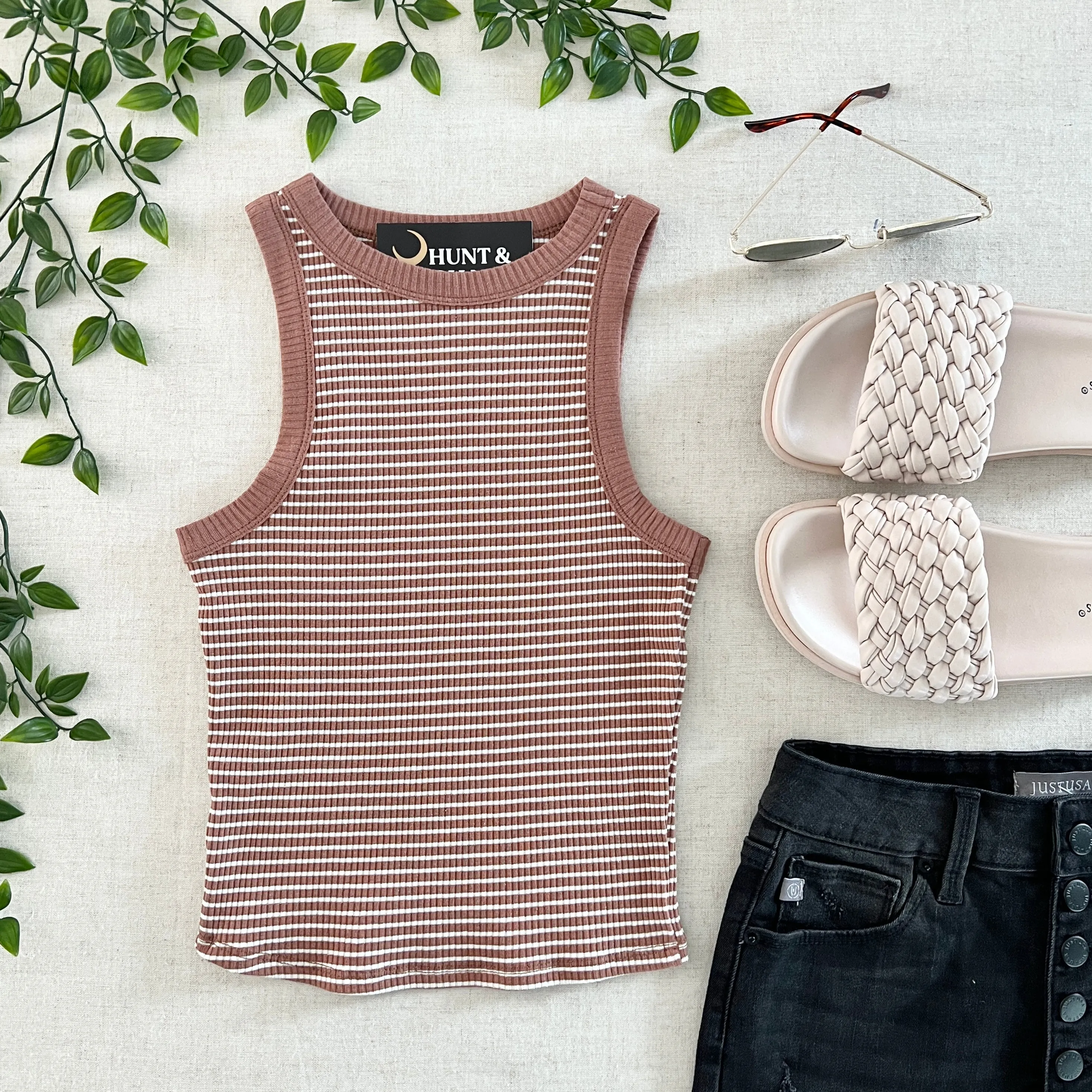 Stripe Ribbed Crop Tank - Brown/White