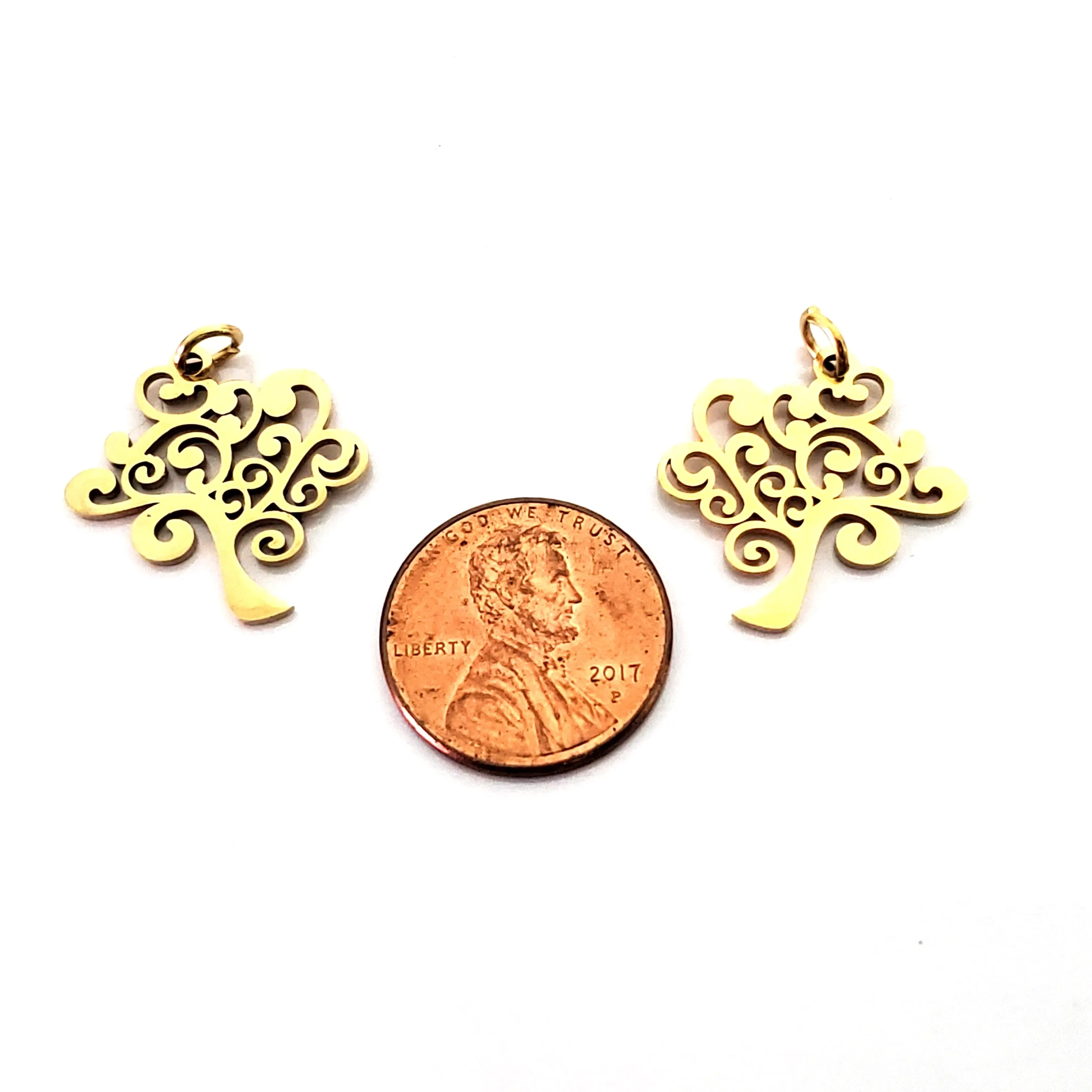 Tree Charms, 24kt Gold Plated Stainless Steel, 20.5x20x1mm, 2.5mm Hole, 5x0.8mm Ring, Lot Size 5 Charms, #1665 G