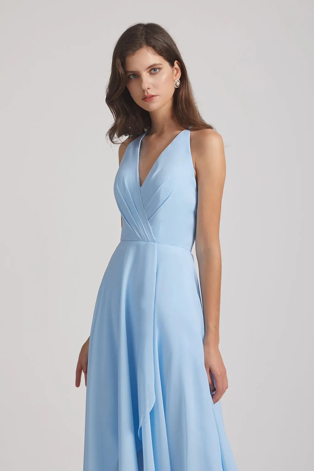 V-Neck Sleeveless Criss-Cross Back Asymmetrical High Low Bridesmaid Dresses (AF0104)