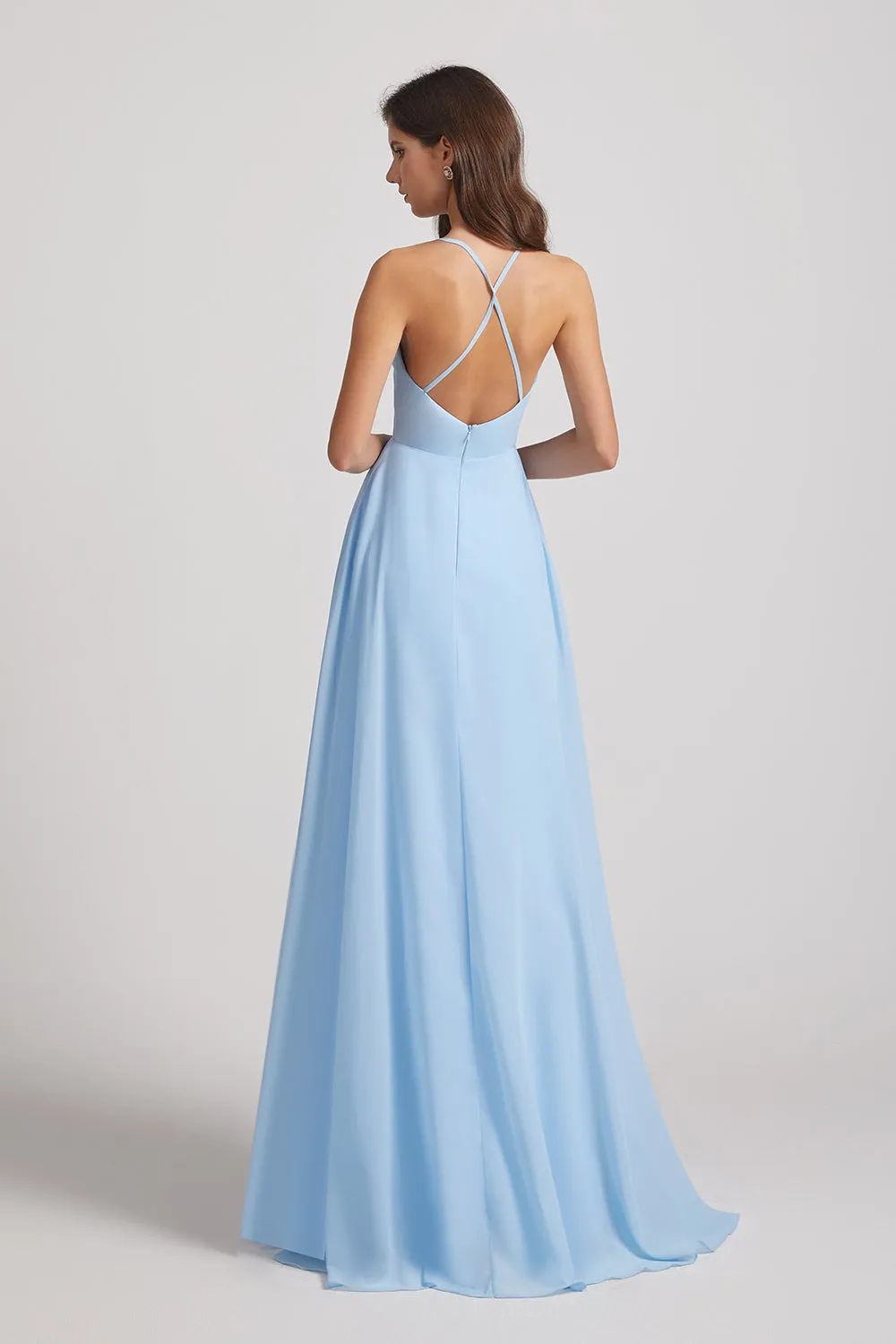 V-Neck Sleeveless Criss-Cross Back Asymmetrical High Low Bridesmaid Dresses (AF0104)