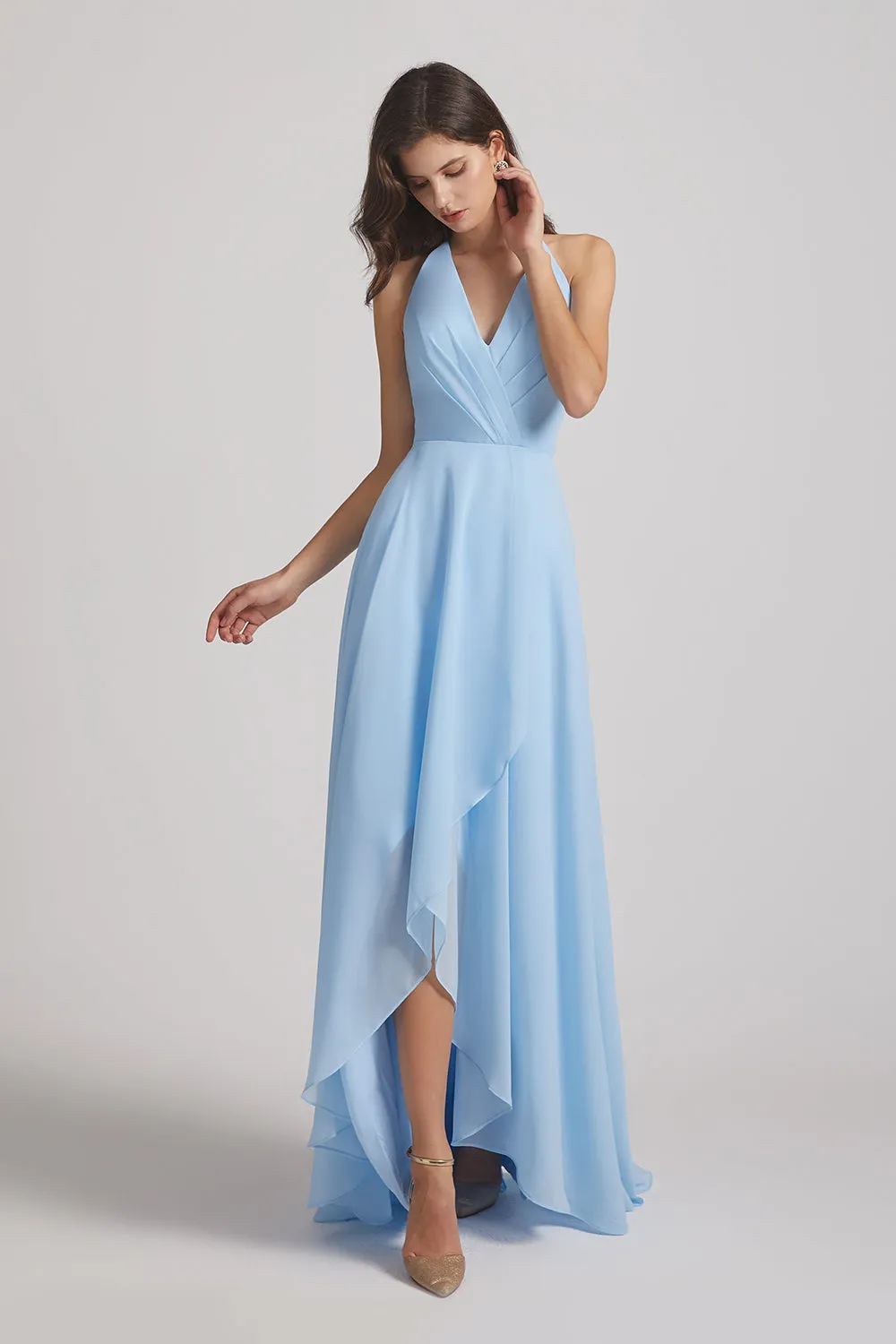 V-Neck Sleeveless Criss-Cross Back Asymmetrical High Low Bridesmaid Dresses (AF0104)