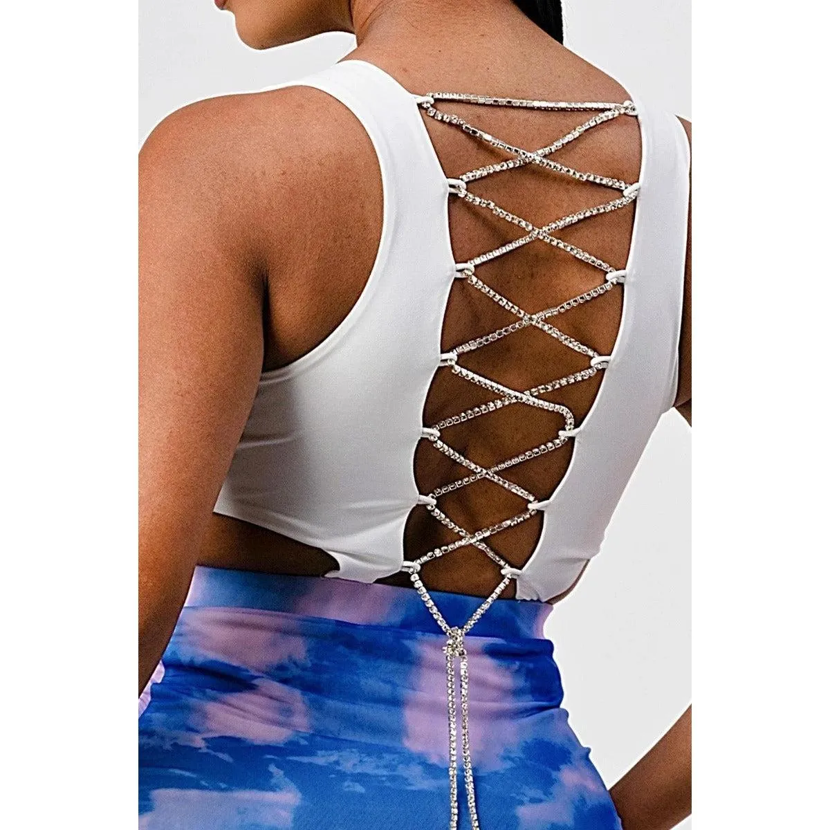 White Sleeveless Top With Detachable Rhinestone Cross Open Back With Bodycon Tie Dye Ruched Mini Dress