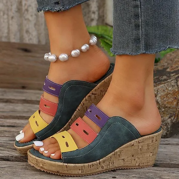 Women's Casual Beach Color Block Hollow Wedge Slippers 45817344S