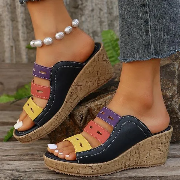 Women's Casual Beach Color Block Hollow Wedge Slippers 45817344S