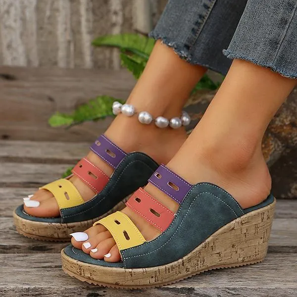 Women's Casual Beach Color Block Hollow Wedge Slippers 45817344S