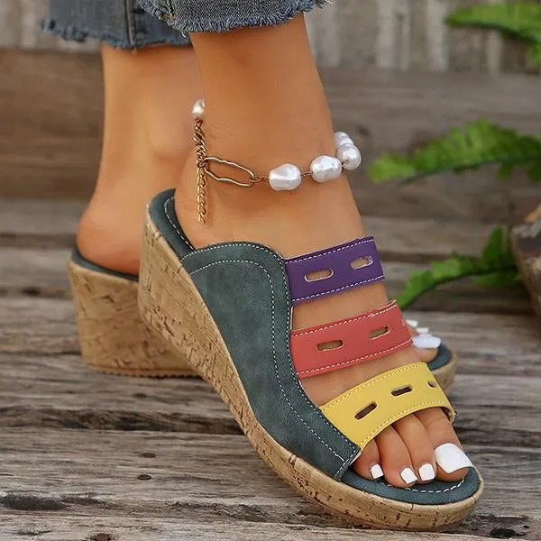 Women's Casual Beach Color Block Hollow Wedge Slippers 45817344S