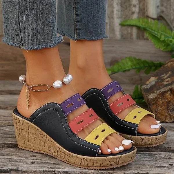 Women's Casual Beach Color Block Hollow Wedge Slippers 45817344S