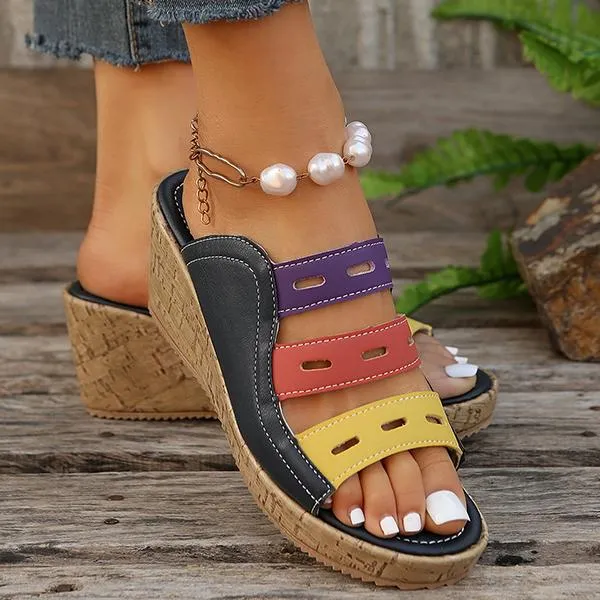 Women's Casual Beach Color Block Hollow Wedge Slippers 45817344S