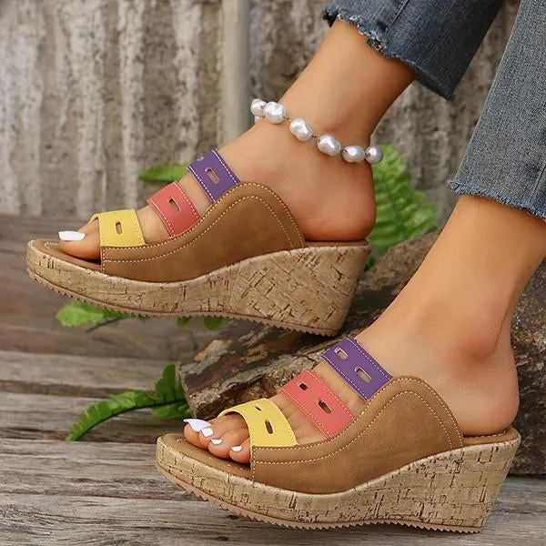 Women's Casual Beach Color Block Hollow Wedge Slippers 45817344S